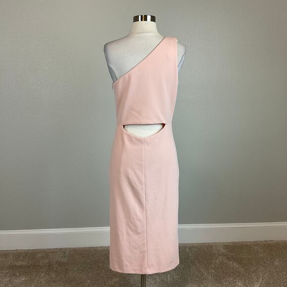 Betsy & Adam One Shoulder Cocktail Dress Pink Size 8 Cut Out Midi Sheath - Picture 2 of 13